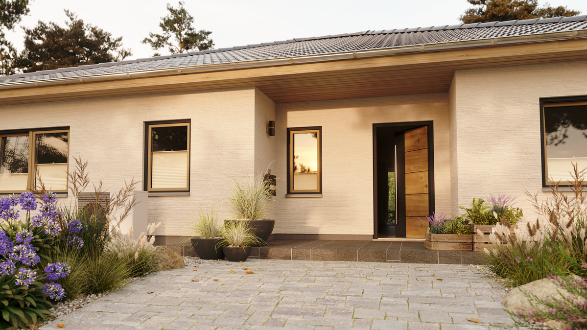 Visualisierung eines individuell geplanten Massivhauses, das deine Wohnwünsche mit flexibler Gestaltung und durchdachter Planung erfüllt.