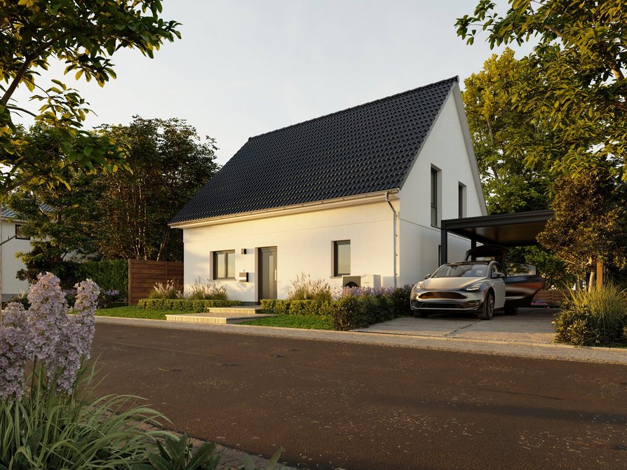 Blick von der Straße auf das Einfamilienhaus Edition Clever 138+ mit heller Fassade, optionalem Carport und modernem Satteldach in Anthrazit.